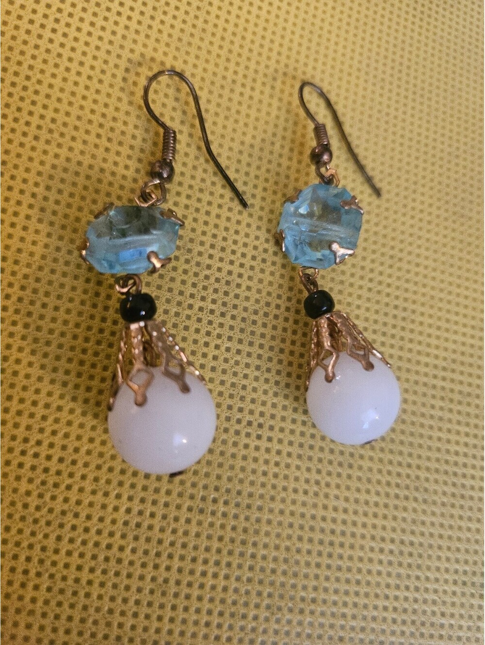 Dangle Earrings white and Blue Beaded Earrings- unknown maker or origin as-shown